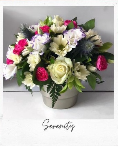 Serenity - Seasonal arrangement in a nice container. pinks, whites and creams